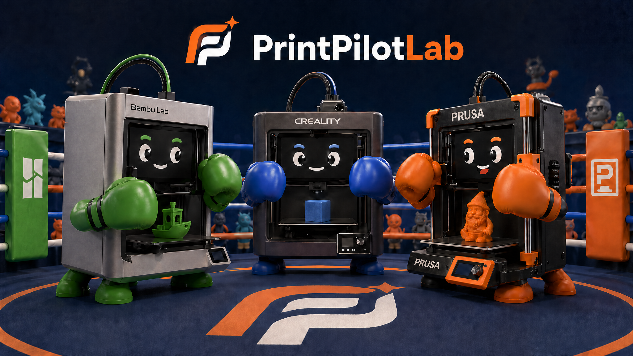 Cartoon boxing match comparing Bambu Lab Creality and Prusa 3D printer brands with Bambu corner logo and clean gloves