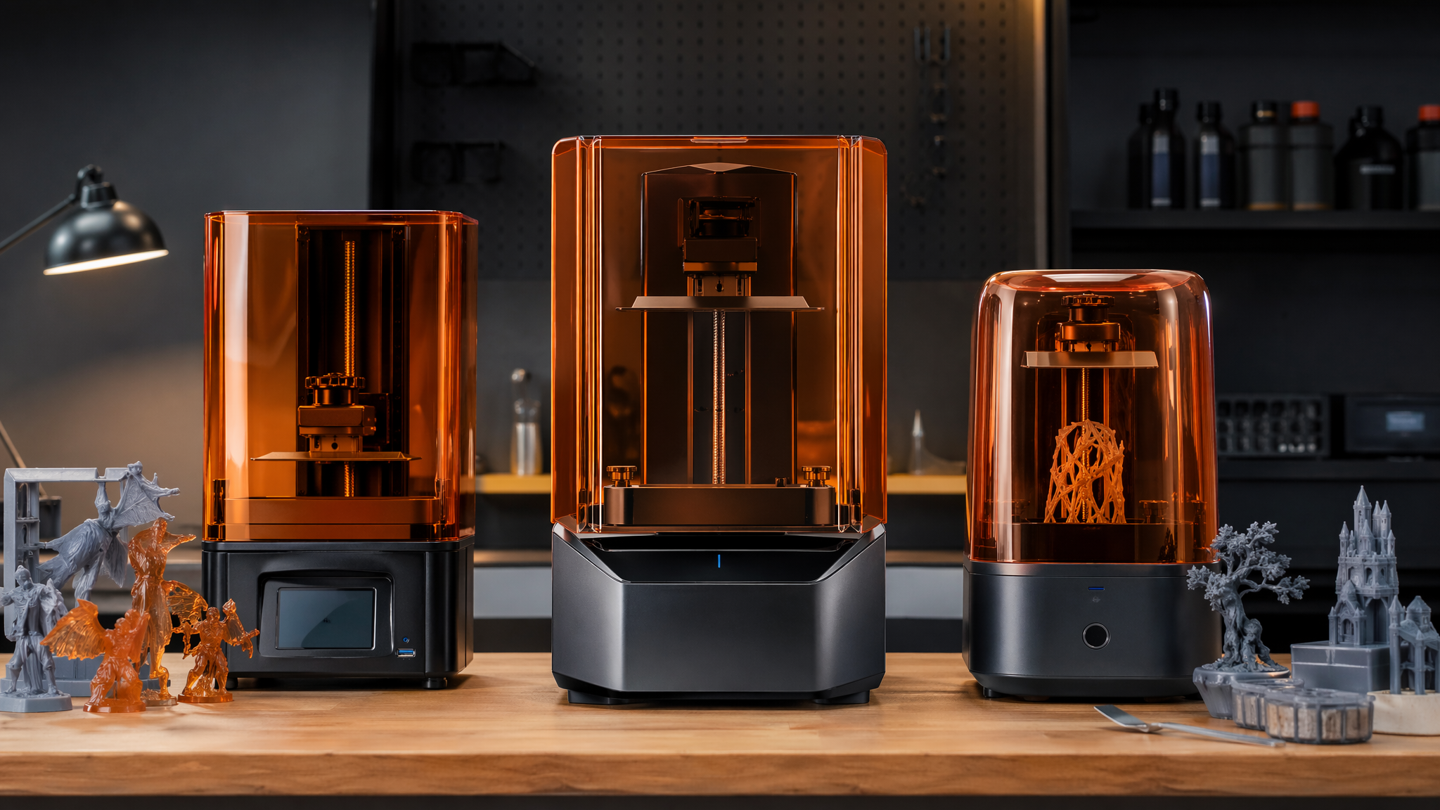 Desktop resin 3D printers with translucent orange prints on a workshop bench