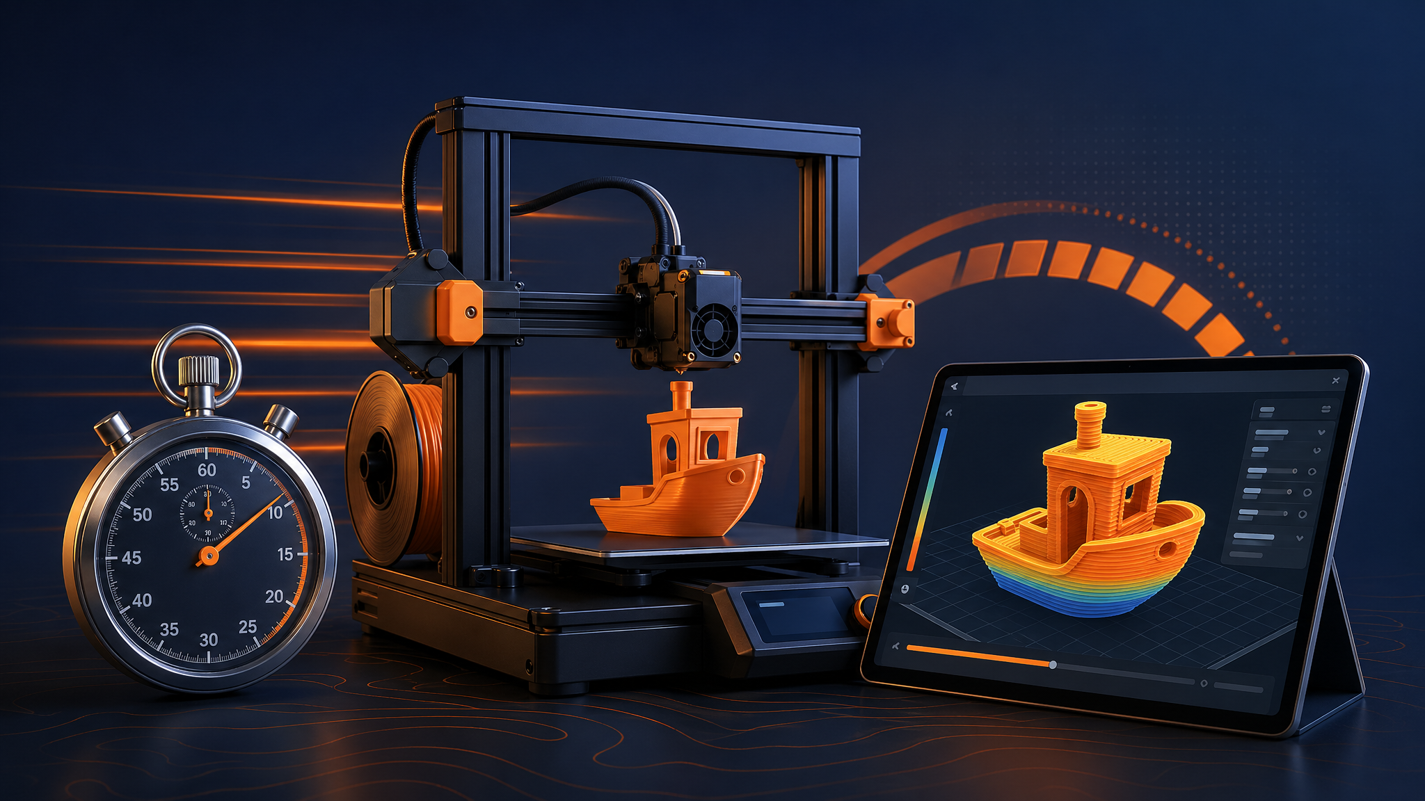 3D printer with stopwatch and slicer preview illustrating how long a 3D print takes