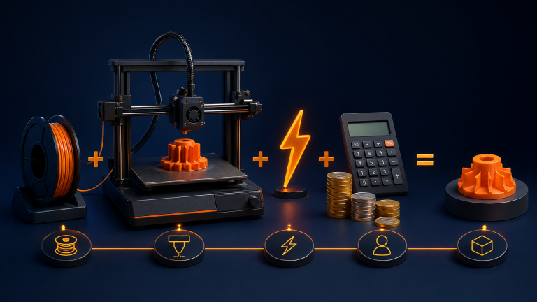 3D printer with filament spool calculator coins and electricity icon showing 3D printing costs