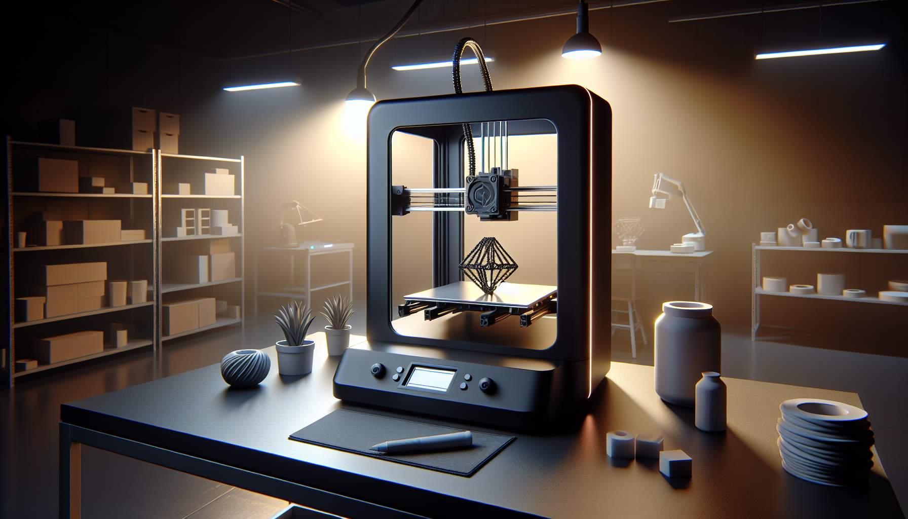 3D printer producing a detailed part in a workshop
