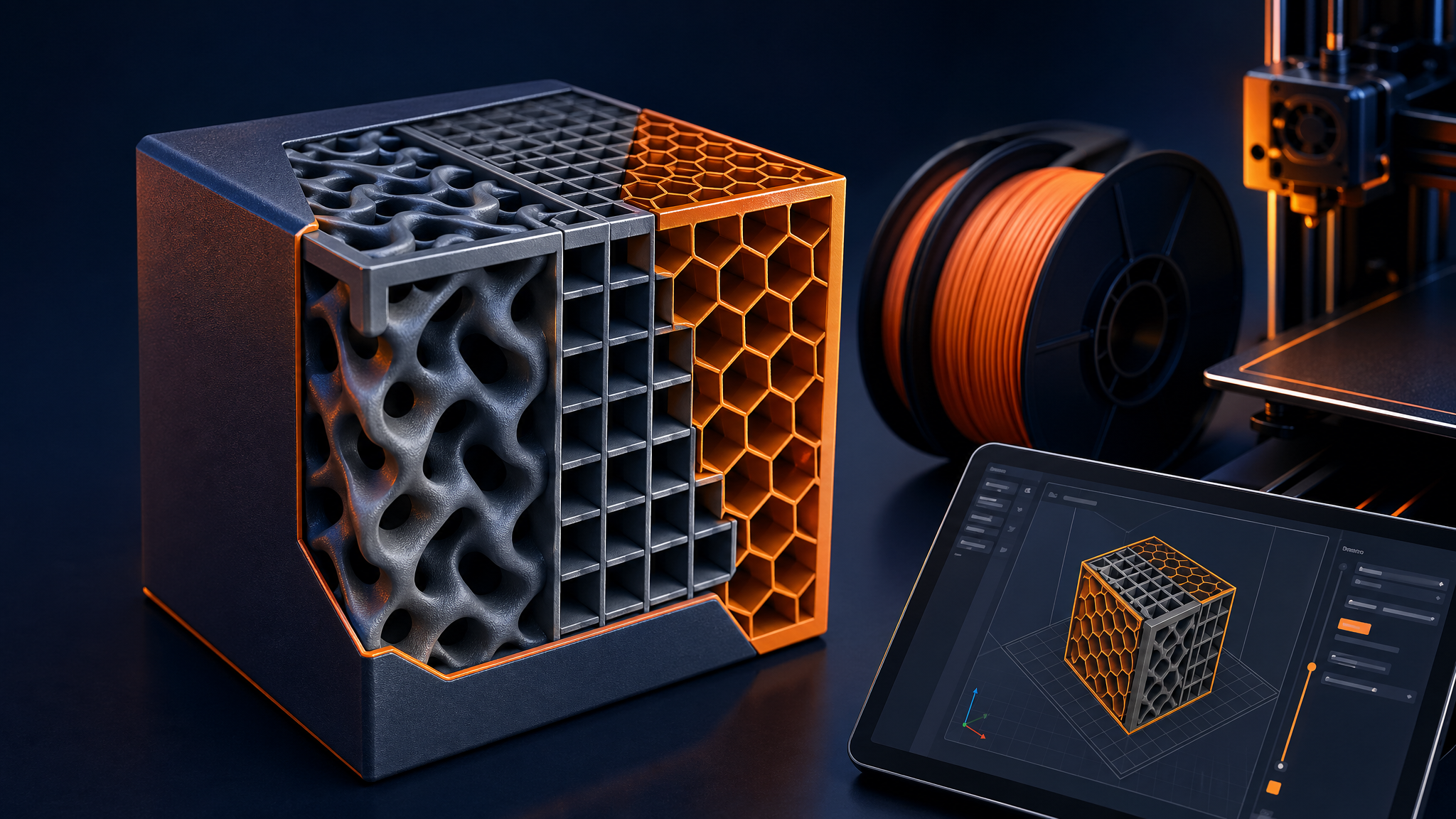 Cutaway 3D printed part showing internal infill patterns for strength weight and print time