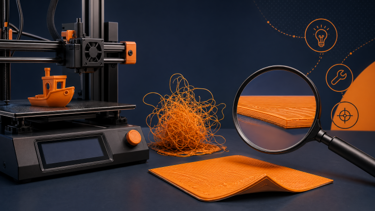 3D printer troubleshooting scene with failed print first layer issue and magnifying glass