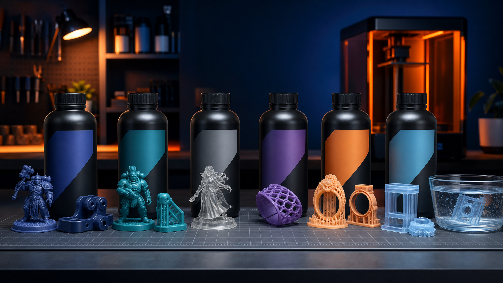 Different UV resin types with sample resin 3D prints