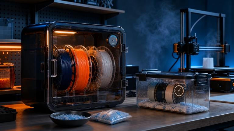 Filament dryer box with spools hygrometer desiccant and 3D printer