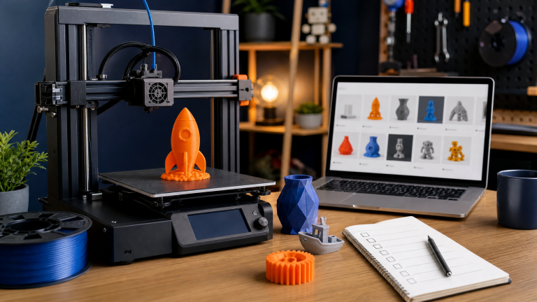 New 3D printer setup with laptop for finding 3D models to print