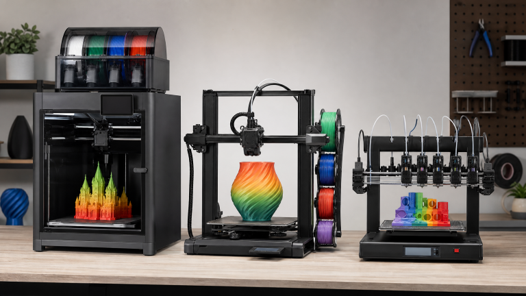 Multicolor 3D printing setup with automatic filament system, colorful print, and purge waste