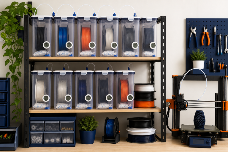 Clear cereal style filament storage boxes with hygrometers desiccant and 3D printer filament spools